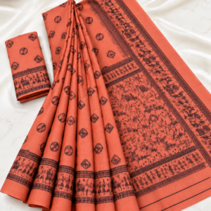 Rust Orange Warli Tribal Print Cotton Saree with Contrast Black Border