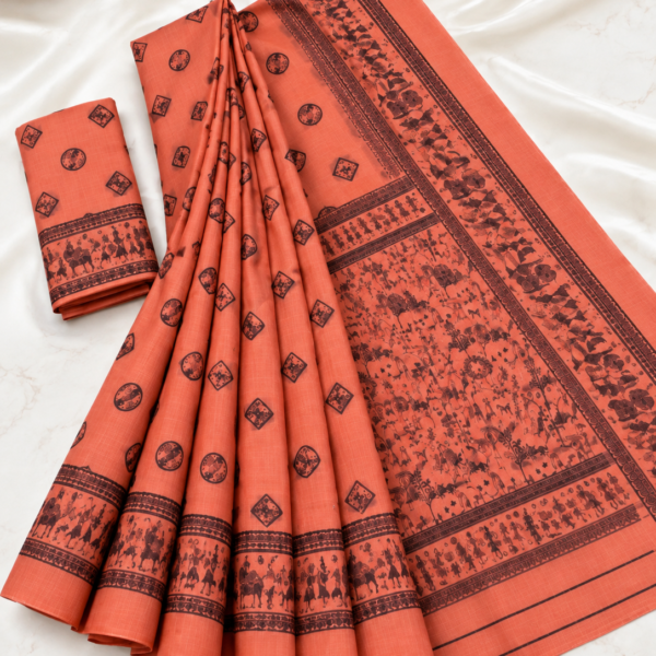 Rust Orange Warli Tribal Print Cotton Saree with Contrast Black Border