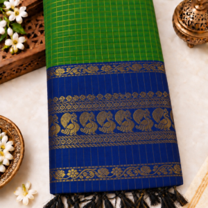Checked Kalyani Cotton Saree - Green & Royal Blue