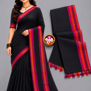 Classic Black With Contrast Magenta & Orange Border Mul Cotton Saree