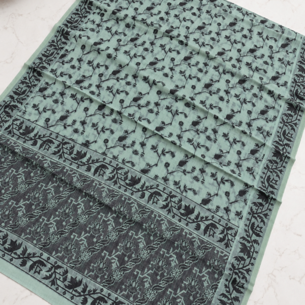 file_0000000077e0823099423b7ae16b6cc0 Sage Green Floral Jaal Print Cotton Saree with Contrast Pallu