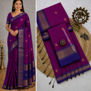 Purple & Blue Maheshwari Cotton Saree With Zari Border