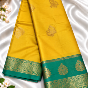 Mustard Yellow Soft Silk Saree with Contrast Emerald Green Zari Border