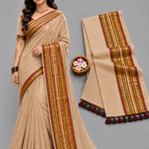 Elegant Beige With Striped Border Mul Cotton Saree