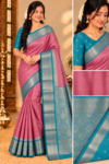 Premium Kottachi Soft Silk Saree Dusty Pink with Rich Contrast Teal Blue Zari Border