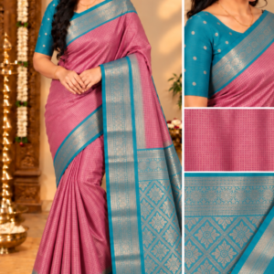 Premium Kottachi Soft Silk Saree Dusty Pink with Rich Contrast Teal Blue Zari Border