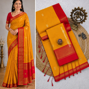 Yellow & Red Maheshwari Cotton Saree With Zari Border