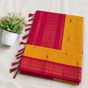 Kalyani Cotton Saree – Vibrant Yellow & Deep Pink with Zari Border