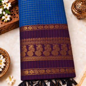 Checked Kalyani Cotton Saree - Royal Blue & Dark Purple