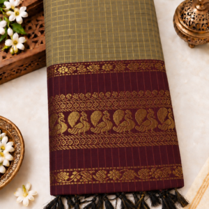 Checked Kalyani Cotton Saree - Olive Brown & Maroon