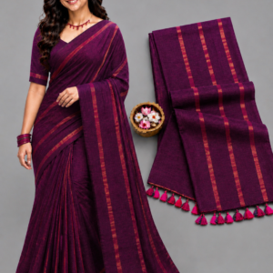 Deep Purple With Zari Stripes Mul Cotton Saree
