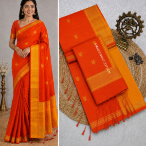Vibrant Orange & Yellow Maheshwari Cotton Saree With Zari Border