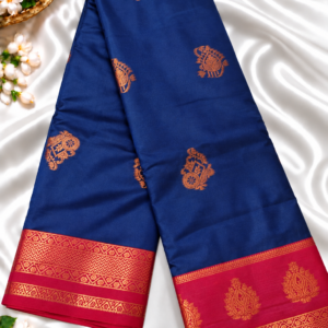 Royal Navy Blue Soft Silk Saree with Crimson Red Zari Border & Traditional Buttas