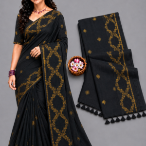 Elegant Black With Gold Floral Jaal Border Mul Cotton Saree