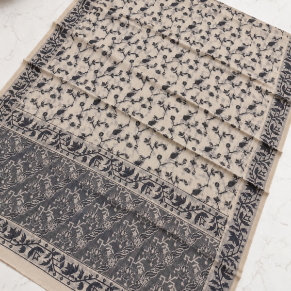 file_0000000087d881f588e44c86f9e9e741 Cream Beige Floral Jaal Print Cotton Saree with Contrast Charcoal Pallu