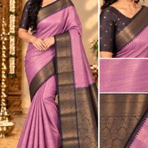 Premium Kottachi Soft Silk Saree – Lavender With Deep Navy Blue Zari Border