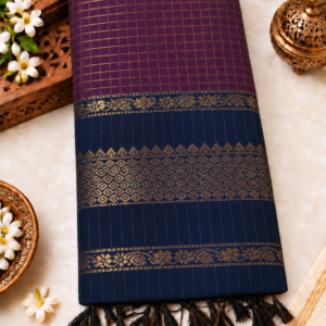 Checked Kalyani Cotton Saree - Deep Purple & Royal Blue