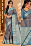 Premium Kottachi Soft Silk Saree Slate Grey with Matching Light Blue Zari Border