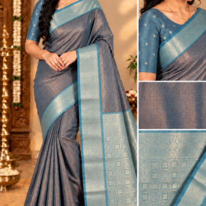 Premium Kottachi Soft Silk Saree Slate Grey with Matching Light Blue Zari Border