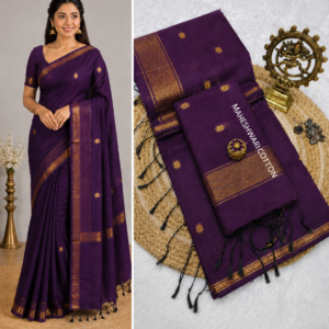 Deep Purple Maheshwari Cotton Saree With Zari Border
