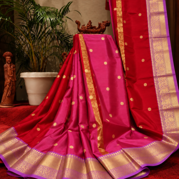 Traditional Crimson Red Banarasi Silk Saree with Zari Motifs and Golden Border