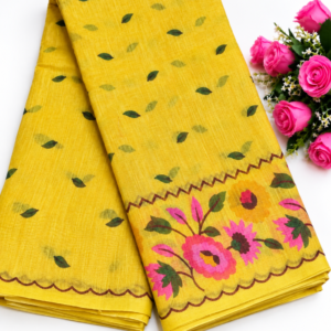 Vibrant Mustard Yellow Linen Cotton Saree with Floral Border & Leaf Motifs