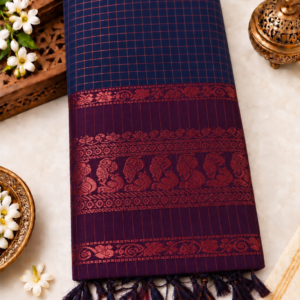 Checked Kalyani Cotton Saree - Navy Blue & Deep Purple