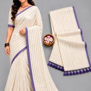 Off-White Elegant Purple Border Mul Cotton Saree