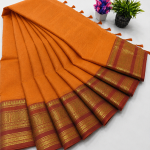 Kanchi Cotton Saree – Bright Orange with Maroon Zari Border