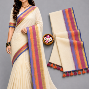 Elegant Off-White Multi-Colored Stripe Border Mul Cotton Saree
