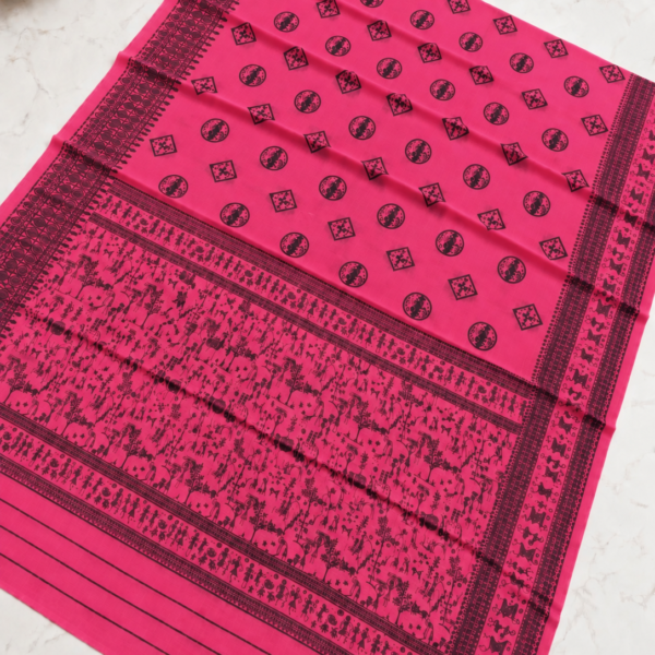Rani Pink Warli Tribal Print Cotton Saree with Contrast Black Border
