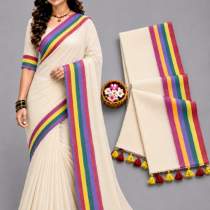 Elegant Off-White With Multi-Color Rainbow Border Mul Cotton Saree