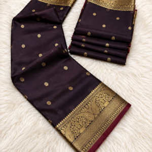 Trending Coffee Brown Banarasi Silk Saree with Antique Gold Zari Border & Floral Buttas