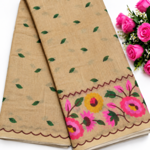 Classy Beige Linen Cotton Saree with Floral Border & Leaf Motifs