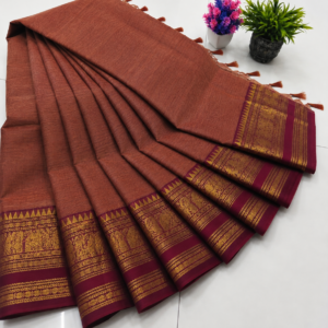Kanchi Cotton Saree – Rust Brown with Maroon Zari Border