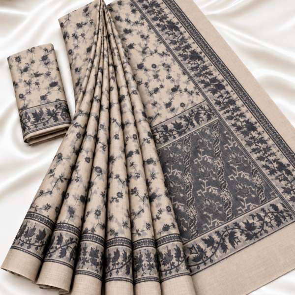 file_00000000b75c823090a85796cba95c35 Cream Beige Floral Jaal Print Cotton Saree with Contrast Charcoal Pallu
