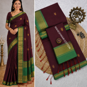 Deep Maroon & Green Maheshwari Cotton Saree With Zari Border