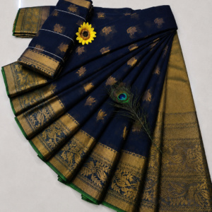 Navy Blue with Green Gold Zari Border Kotta Cotton Saree
