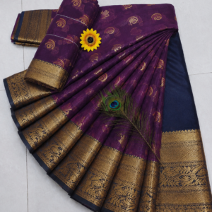 Plum Purple with Navy Blue Gold Zari Border Kotta Cotton Saree