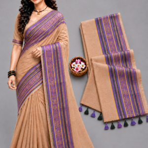 Elegant Beige with Purple & Green Mul Cotton Saree