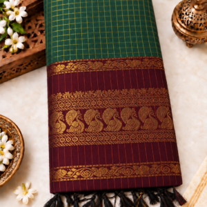 Checked Kalyani Cotton Saree - Elegant Green & Maroon
