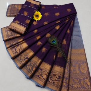 Royal Purple with Slate Blue Gold Zari Border Kotta Cotton Saree