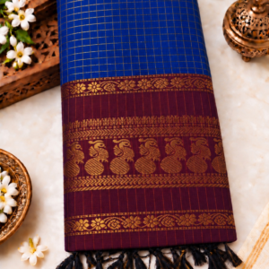 Checked Kalyani Cotton Saree - Royal Blue & Maroon
