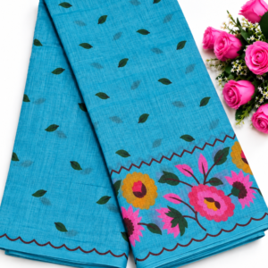 Elegant Sky Blue Linen Cotton Saree with Floral Border & Leaf Motifs