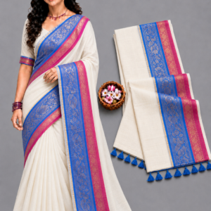 Off-White With Blue & Magenta borders Mul Cotton Saree