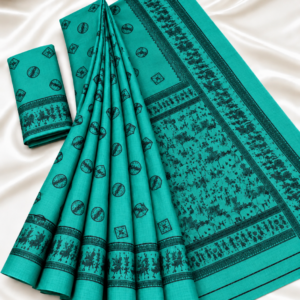 Sea Green Warli Tribal Print Cotton Saree with Contrast Black Border
