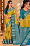 Premium Kottachi Soft Silk Saree Mustard Yellow with Rich Contrast Teal Blue Zari Border