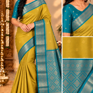 Premium Kottachi Soft Silk Saree Mustard Yellow with Rich Contrast Teal Blue Zari Border
