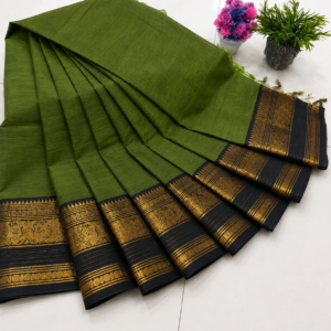 Kanchi Cotton Saree – Olive Green with Black Zari Border
