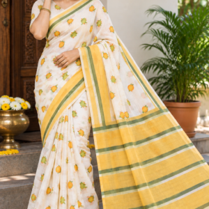 Elegant Off-White & Yellow Light-Weight Cotton Saree with Striped Pallu